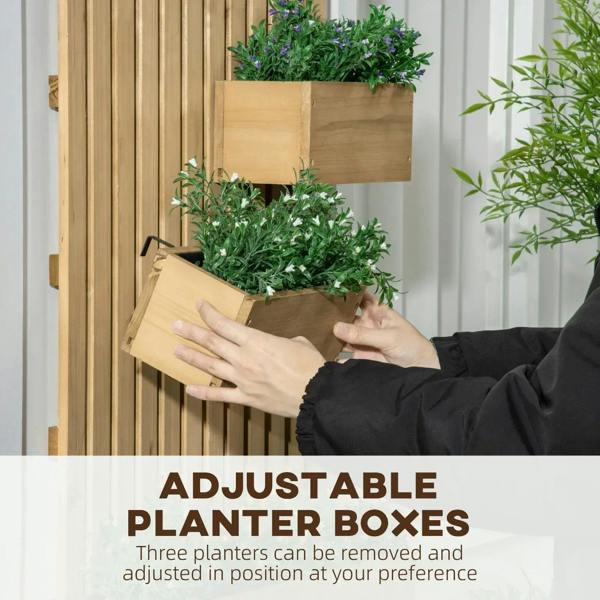 Wall-mounted wooden trellis planter with three tiers; hands adjusting a planting box