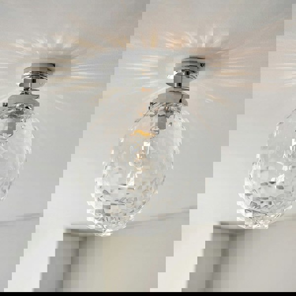 Decorative Flush Bathroom Ceiling Light Fitting - Clear Glass Dimpled Shade