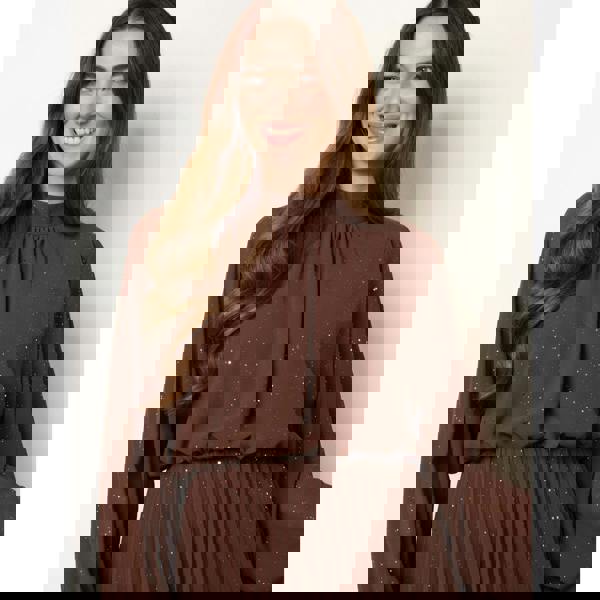 Blue Vanilla Pleated Metallic Sparkle High Neck Dress