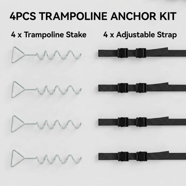 4Pcs Trampoline Anchor Kit, 32 cm Galvanised Trampoline Stakes, Spiral Ground Anchors with Triangle Head, Straps