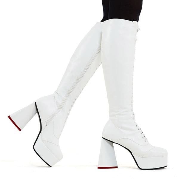 Lamoda Knee High Boots Too Cute Round Toe Platform Lace Up White, Stylish