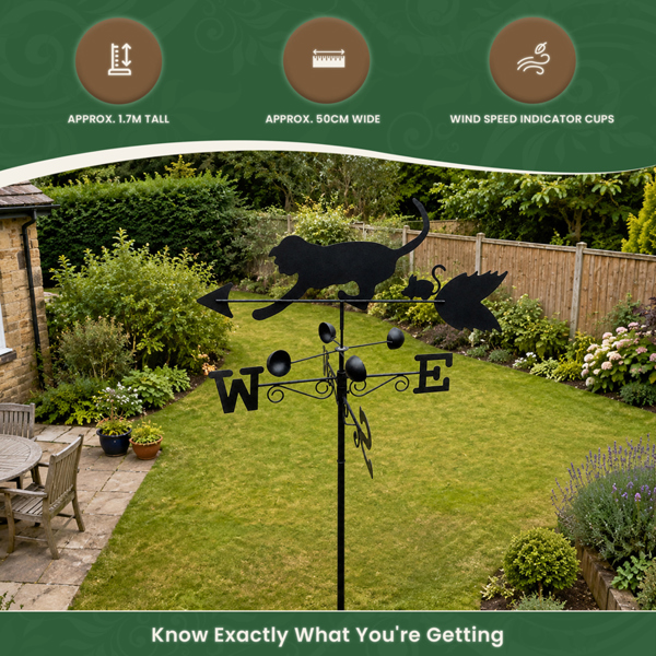 Cat & Mouse Steel Weathervane, Black Painted All-Steel Weather Vane With Wall Fixings and 1.7m Ground Spike, Wind Speed Cups