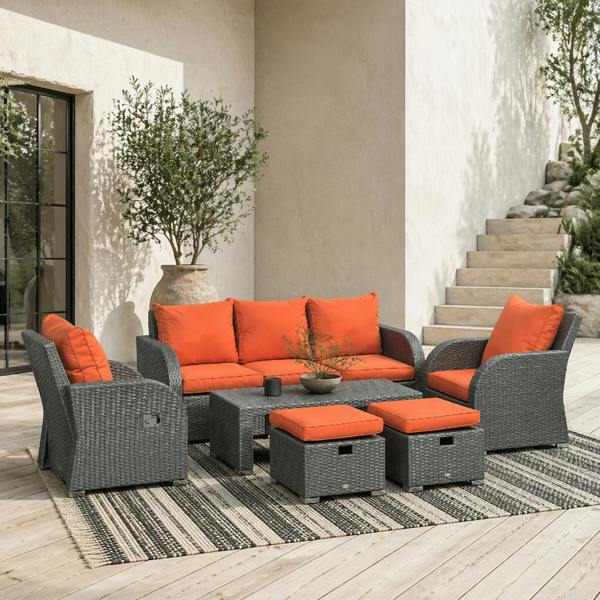 Wyld Haus Lerami Rattan Orange 7 Seater Outdoor Garden Furniture Set Sofa Reclining Armchairs and Footstool