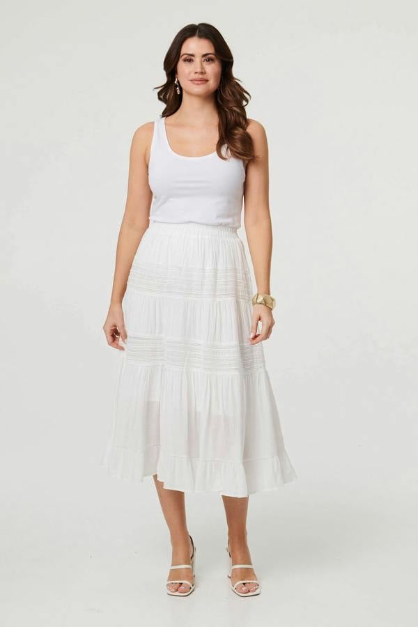 White | High Waist Lace Tiered Midi Skirt