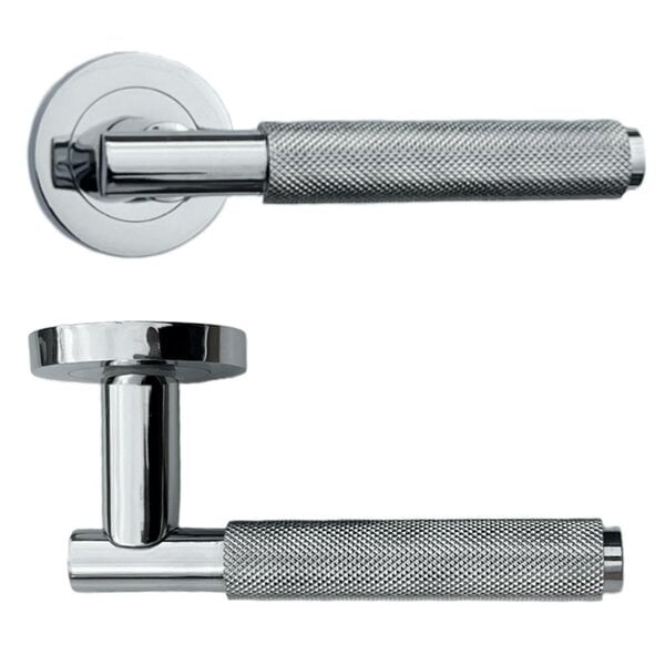 EDH Door Hardware Polished Chrome Knurled Door Handles on Round Rose – Handle Sets