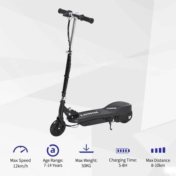 Black electric folding scooter with front wheel and footboard visible