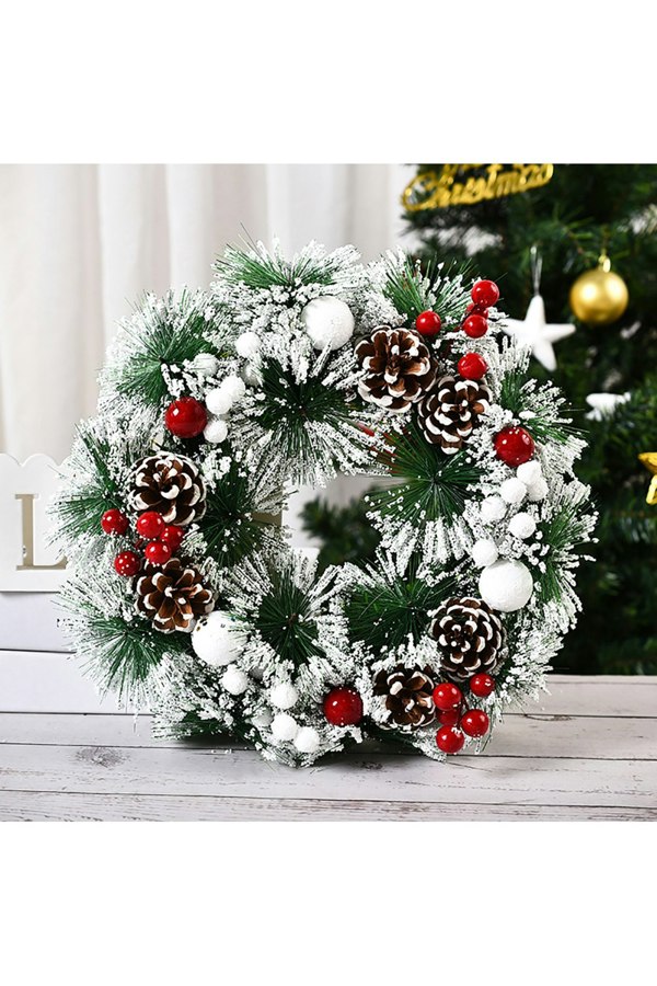 Living and Home 32cm Snow Flocked Christmas Artificial Wreath with Classical Xmas Ornaments