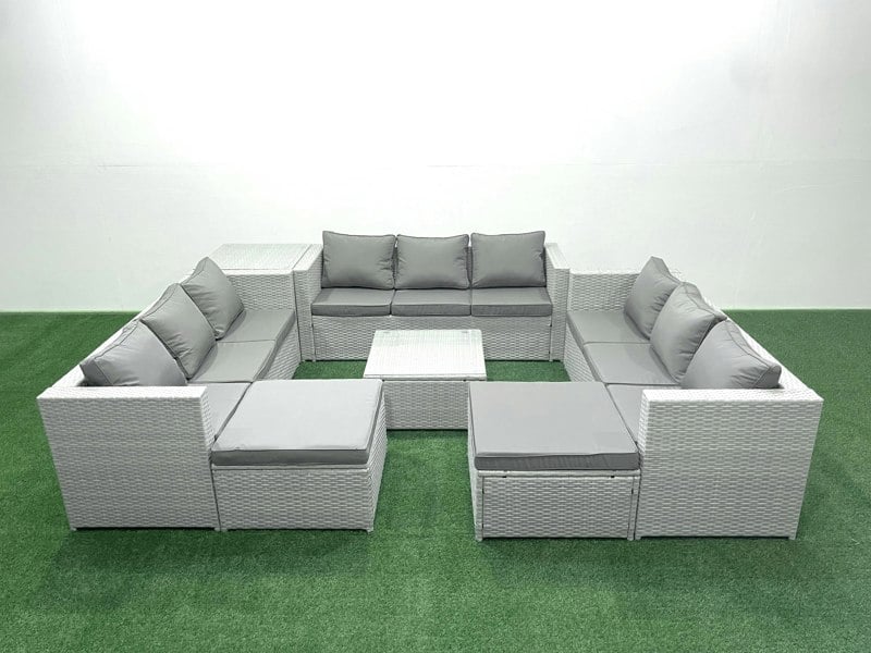 Fimous Rattan Garden Outdoor Furniture Set 11 Seater Rattan Garden Sofa Set with 2 Big Footstools Side Table Light Grey Mixed