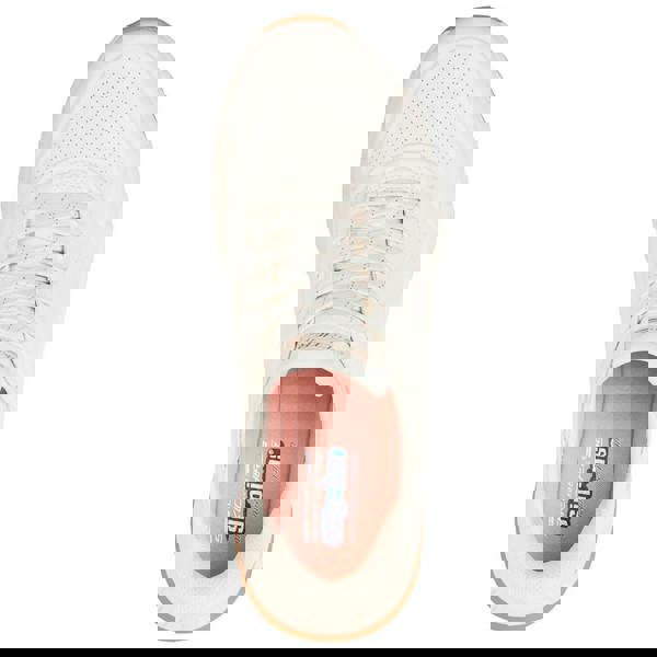 Skechers Bobs Squad 4 Key Lock Womens Slip Ins Trainers, top view of the light-colored sneaker with perforated upper and pink insole featuring Skechers Bobs branding.