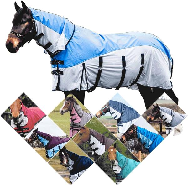 eQuitack 600D 2 in 1 Waterproof Fly Turnout Mesh Horse Rug Fixed Neck Blue/Grey 5'6''
