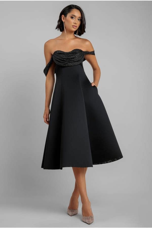 Sparkle Chiffon Cowl Bardot Skater Midi Dress - Black DR4721