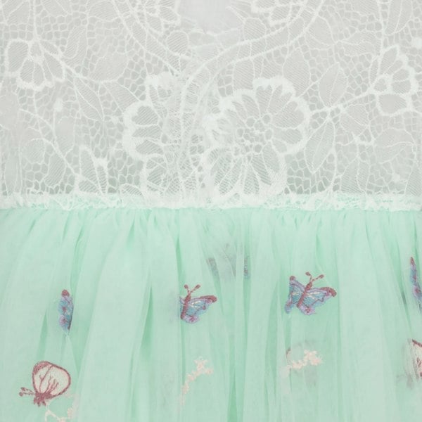 Mint green tulle skirt with butterfly embroidery on a white lace background