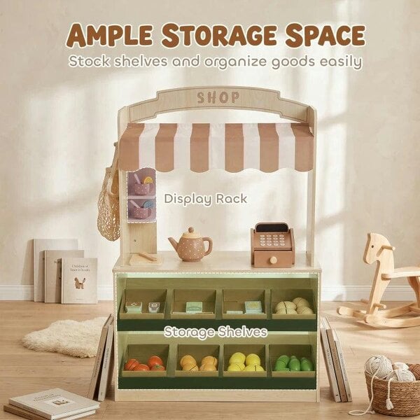 Bobobiy Pretend Play Shop, Wooden Kids Grocery Store Playset with Play Food, Cash Register, Chalkboard, 61 Accessories for 3-8