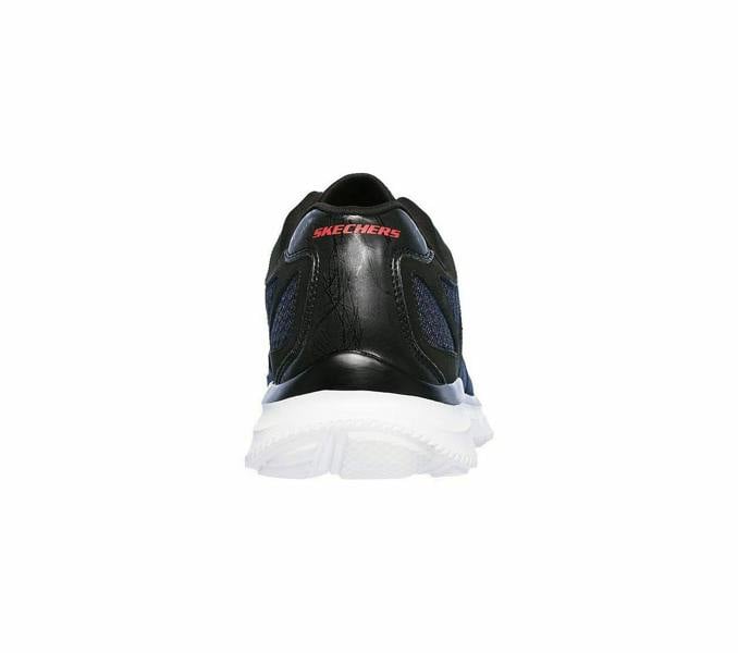 Skechers Verse-Flash Point Men's Sports Gym Walking Lace Up Trainers, rear view of the athletic sneaker showing black and blue design with a white sole and red Skechers logo at the back.