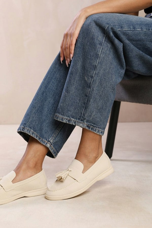 Where's That From Kenya Wide Fit Slip on Loafer With Tassel Detailing in Beige Suede