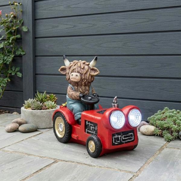 Garden Greatness Highland Cow Driving Tractor Solar Light