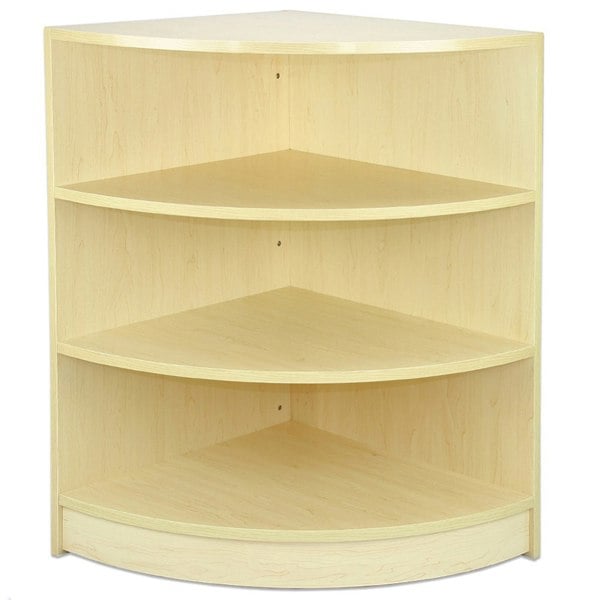 Venus Maple corner shop counter with four spacious shelves, featuring a light maple finish and smooth, rounded edges for a modern retail display