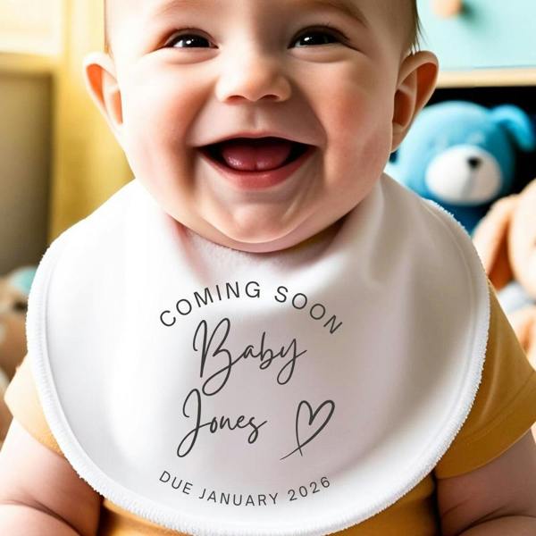 Personalised Coming Soon Baby Grow, Vest or Bib with Name