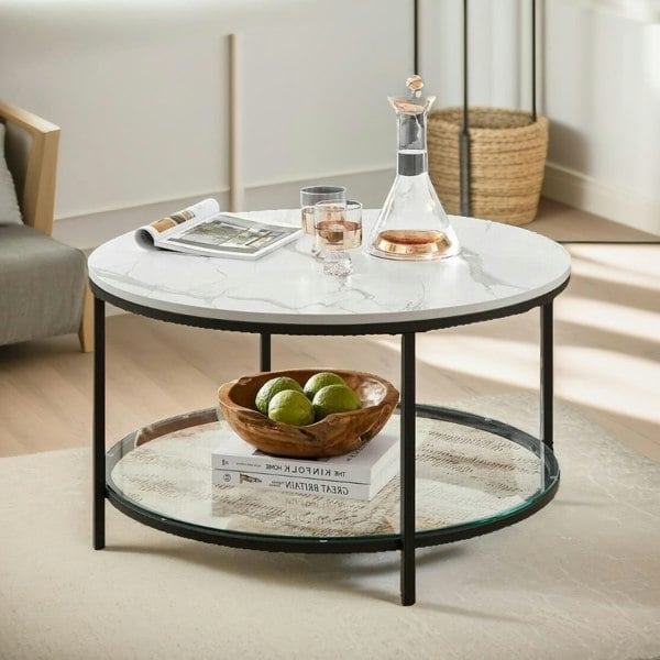 Rafaelo Mobilia 2 Tier Round Faux Marble Coffee Table White