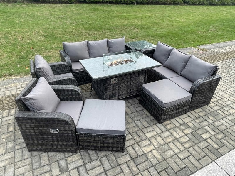 Fimous Rattan Outdoor Garden Furniture Set with Gas Fire Pit Dining Table, 2 Reclining Chairs, 3-Seater Sofas, 2 Footstools - 10 Seater - Dark Grey