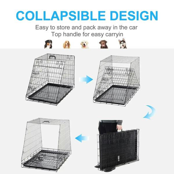 Black collapsible dog travel crate showing folded and unfolded wire cage sections