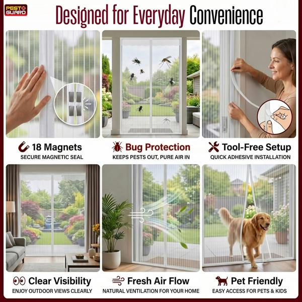 Pest Guard Magnetic Fly Screen Door 210x100cm Fly Net for Door with 18 Magnets, Full Frame Magic Tape, Self-Sealing Bug Mesh Curtain