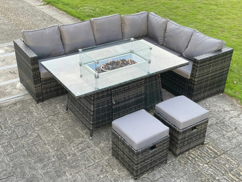 Fimous Outdoor Rattan Garden Corner Furniture Gas Fire Pit Table Sets Gas Heater Lounge Small Footstools Dark Grey Mixed 8 Seater