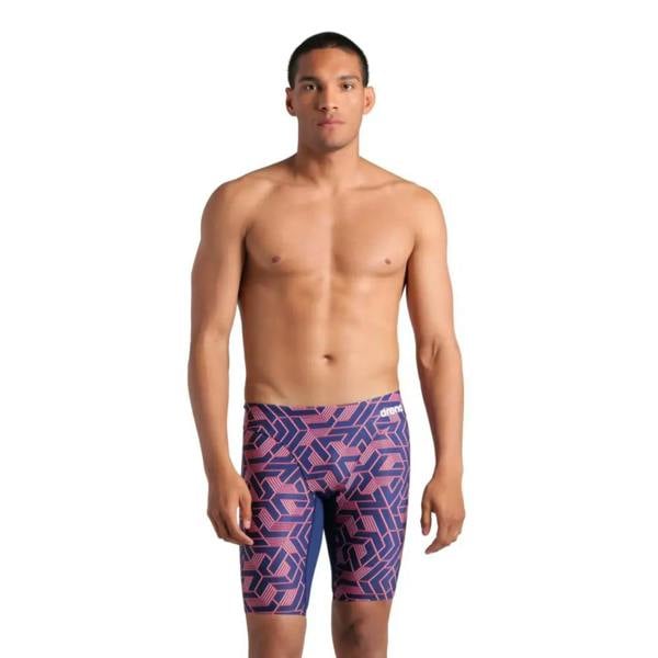 Arena Escape Swim Jammer in navy/team red with purple blue geometric pattern