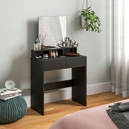 Wyld Haus Merotto Black Dressing Table With Mirror And Multi Storage Layout