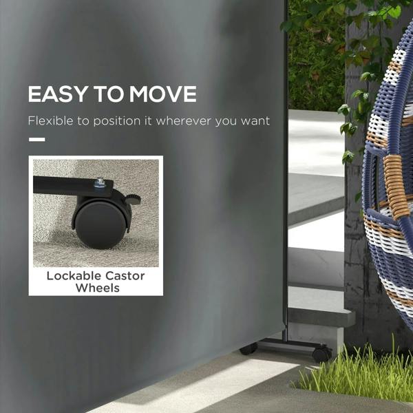 Dark grey privacy screen with lockable caster wheels at the base
