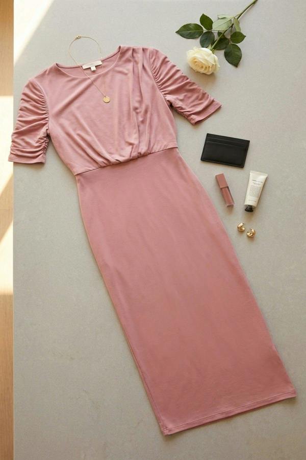 Elvira Ruched Short Sleeve Maxi Dress With Draped Bodice - Dusty Pink