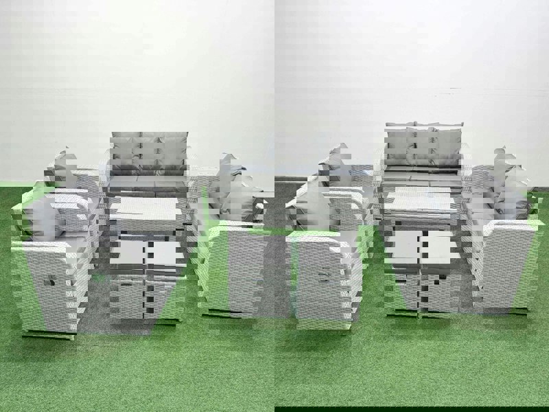 Fimous PE Rattan Garden Furniture Set Adjustable Chair Sofa Double Love Seat 2 Seater Sofa Lounge Set Rectangular Coffee Table 2 Stools Light Grey