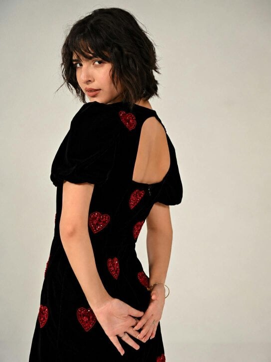 Rose & Nancy Rosheen Black Velevt Hand Embellished Heart Mini Dress