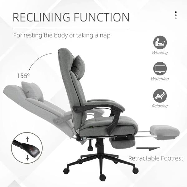Light grey reclining ergonomic chair with retractable footrest and padded armrests