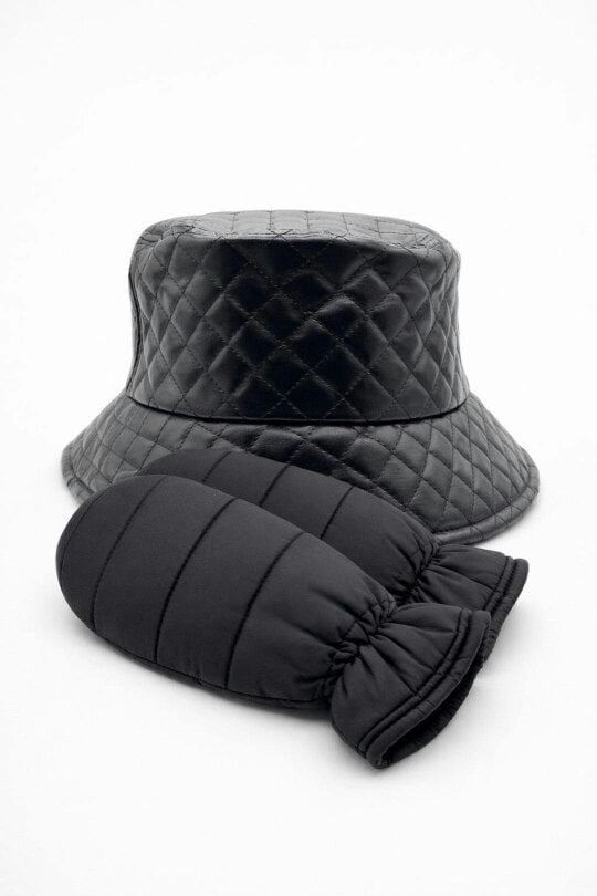SVNX Quilted Bucket Hat & Quilted Mittens Set in Black