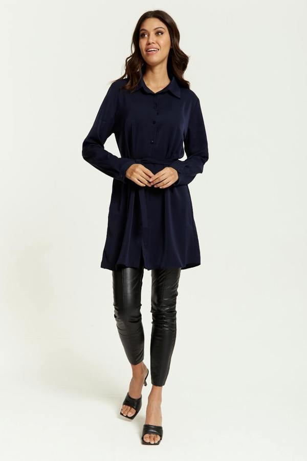 Hoxton Gal Oversized Belt Detailed Shirt Tunic with Long Sleeves in Navy