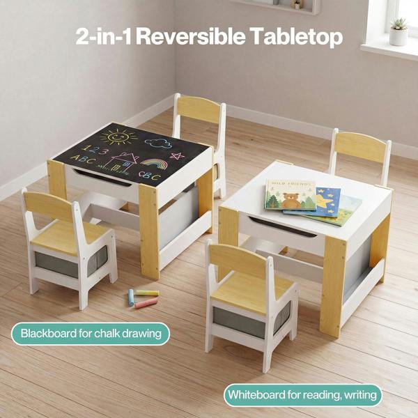 Dekko Kids Table and Chairs Set 2-in-1 Flip Top Storage Play Study Natural