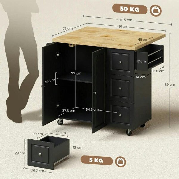 Kitchen Island on Wheels, Rolling Kitchen Storage Trolley with Drop Leaf, Drawers, Towel and Spice Rack, Black
