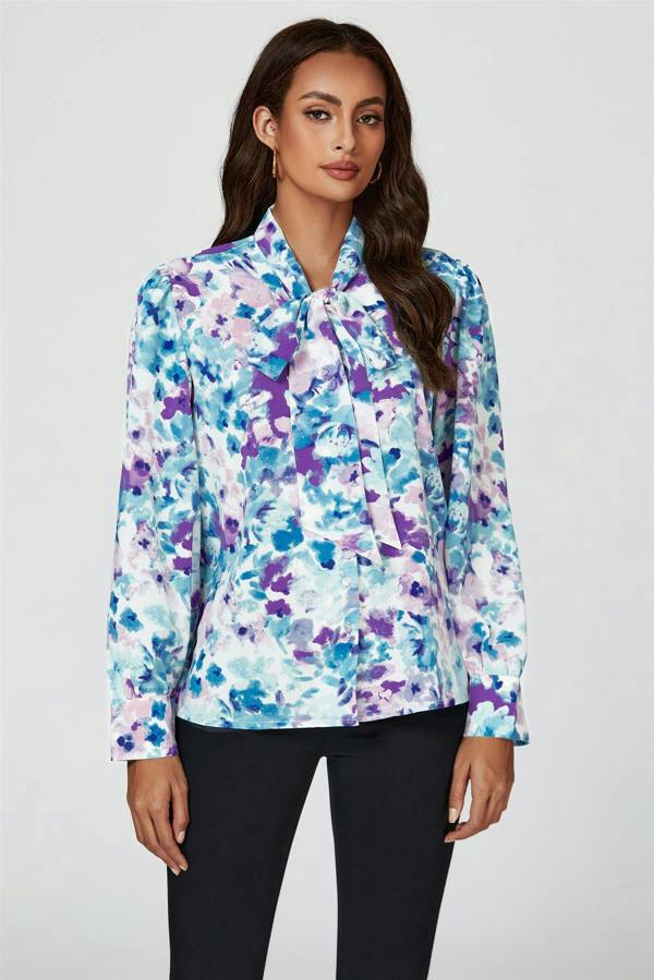 FS Collection Abstract Floral Print Tie Detail long sleeve Blouse Top In Blue
