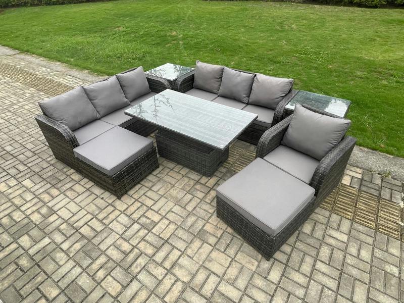 Fimous 9 Seater PE Rattan Garden Furniture Patio Set, Adjustable Dining Table Sofa, 2 Side Tables, Reclining Chair & 2 Big Footstools, Dark Grey