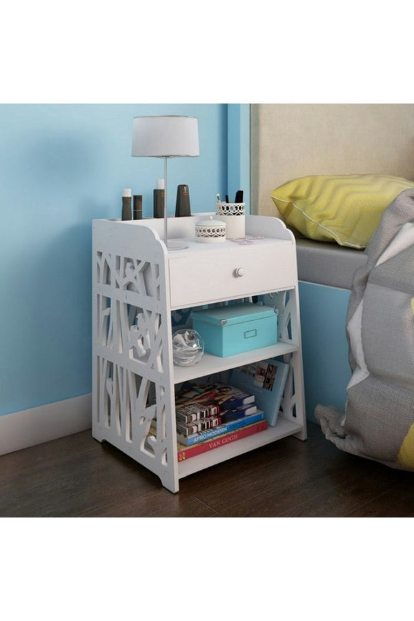 Living and Home Hollow Carved Bird Pattern Side Table Nightstand Shelf Bedroom Cabinet with Drawer