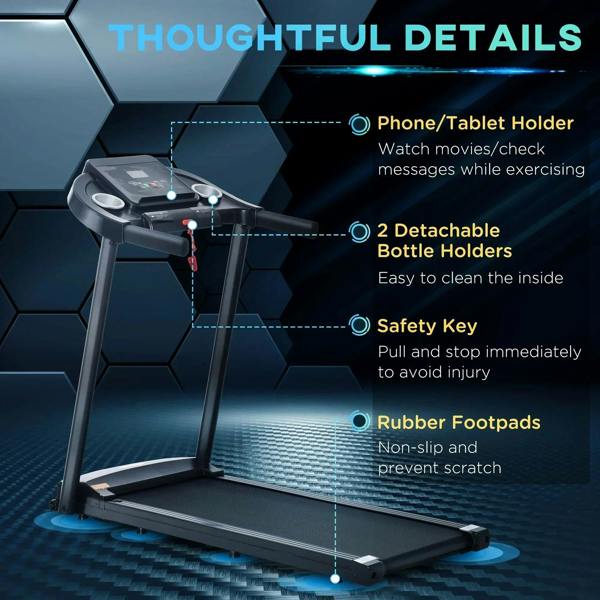 Black treadmill frame showing phone/tablet holder and safety features