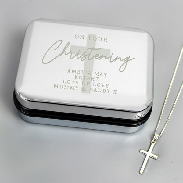 Personalised Memento Company Personalised Christening Trinket Box & Sterling Silver Cross Necklace Set