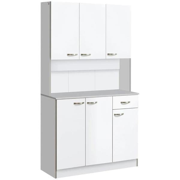 White freestanding kitchen storage cabinet with upper doors, lower doors, and center drawer