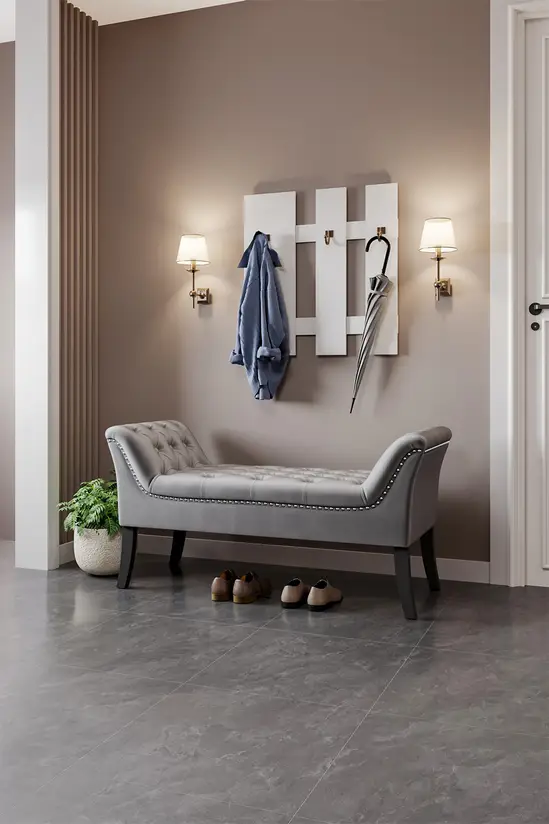 Living and Home Grey Velvet Buttoned Bench with Black Wood Legs