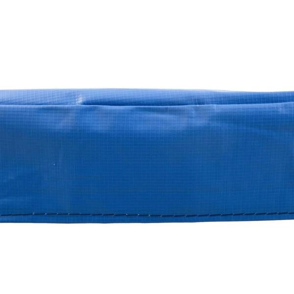 Blue trampoline pad border with textured woven surface and stitched seam