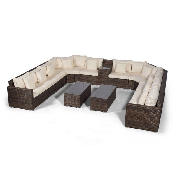Giardino Santorini U Shape Modular 10 Seat Rattan Sofa Set With Armrest Drinks Cooler & 2 Coffee Tables