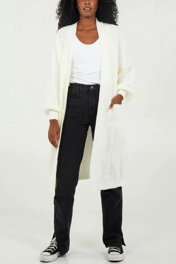 Hoxton Gal Oversized Long Sleeves Midi Knitted Cardigan with Pocket Details in Cream