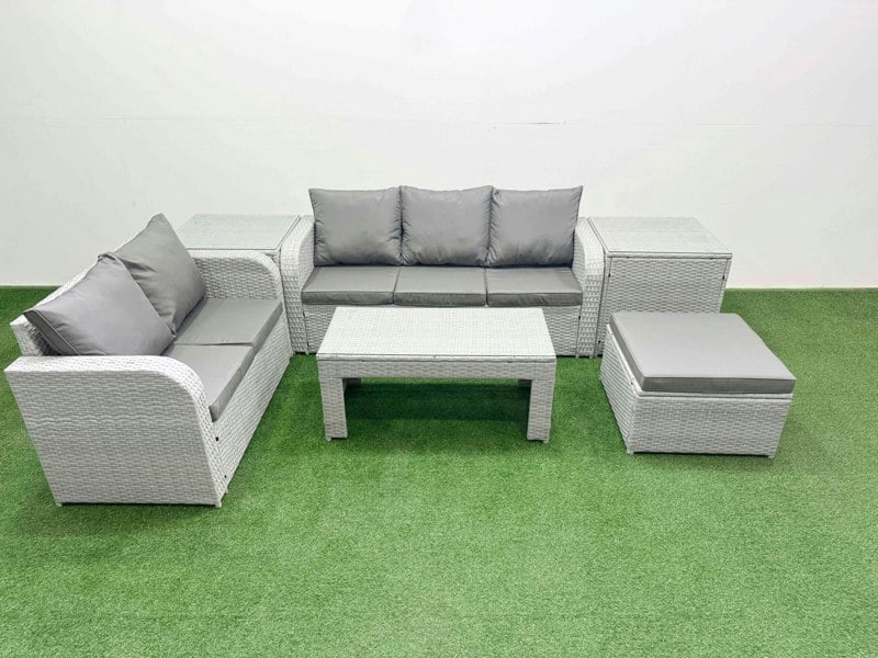 Fimous 6-Seater PE Rattan Outdoor Sofa Set | Oblong Coffee Table, 3-Seater Sofa, Loveseat, Large Footstool, 2 Side Tables