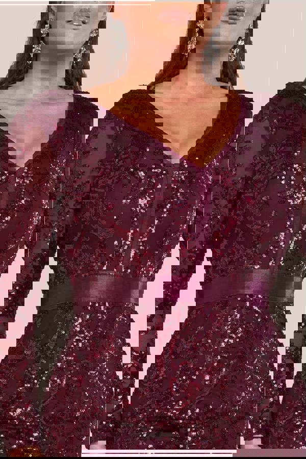 Embroidered Sequin & Mesh Maxi Dress - Burgundy DR2558PLUS